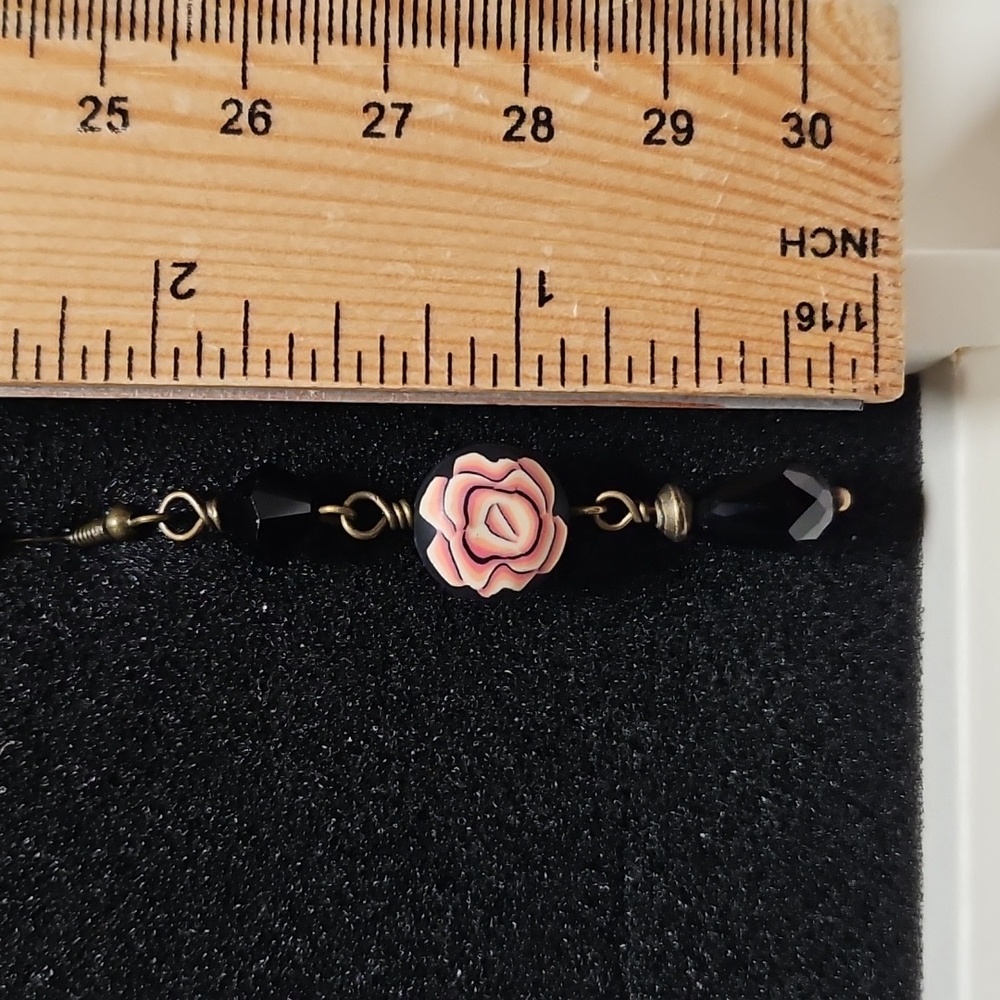 Artisan Black and Pink Rose Earrings - Picture 3 of 4